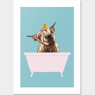 Playful Highland Cow in Bathtub Posters and Art